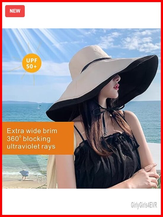 Packable Large Brim Sun Hat with Chin Strap - Reversible UV Protection Beach Hat